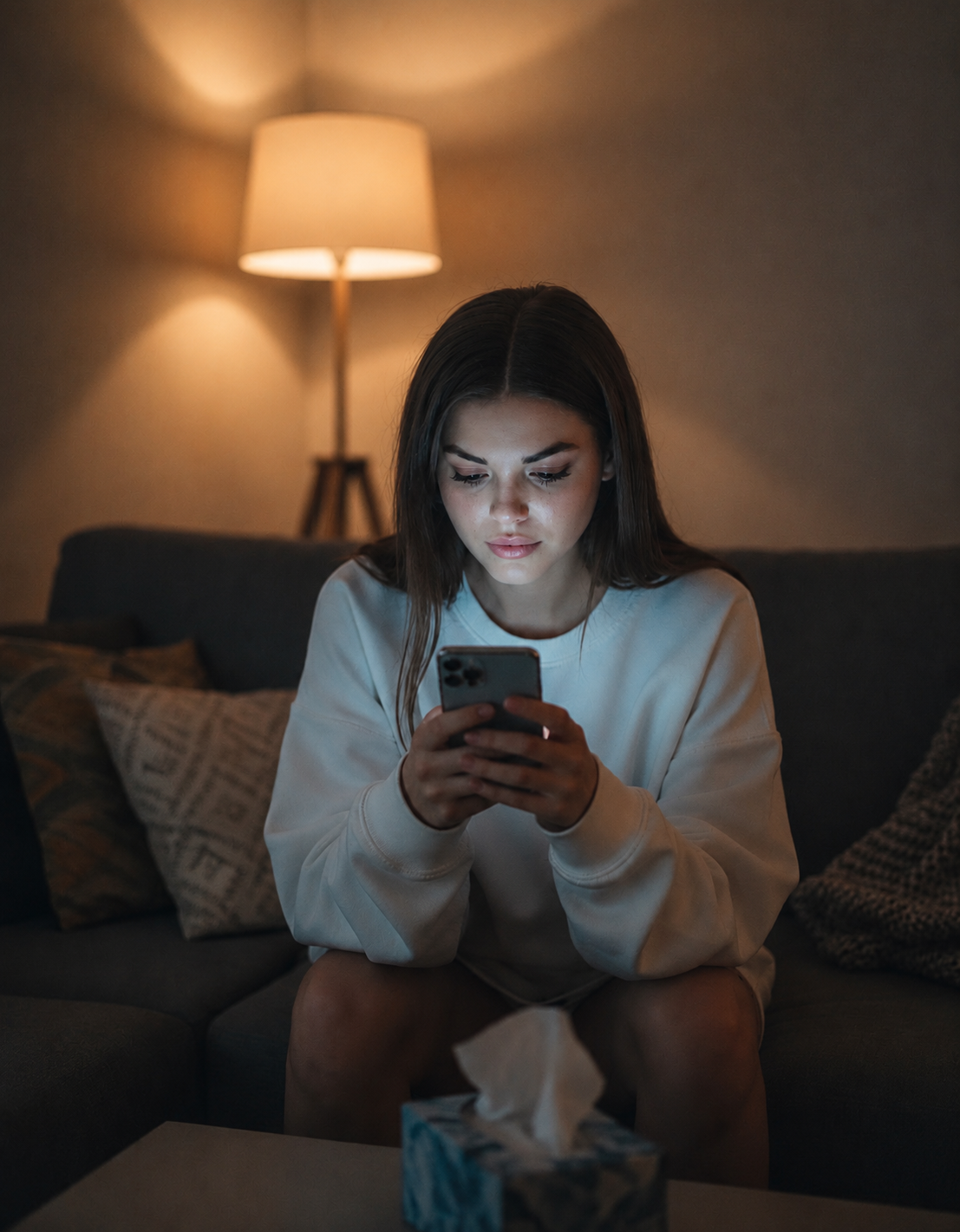 Une personne seule sur son téléphone dans une lumière calme